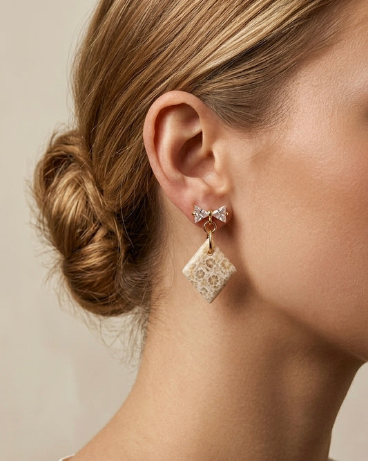 Diamond Drop Earrings in Coral Fossil - White