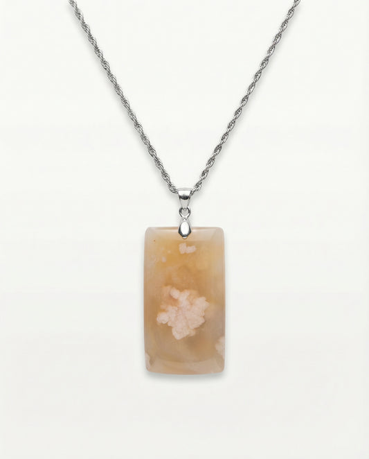 Magnolia Silver Pendant Necklace in Flower Agate - Classic (M) Rectangular