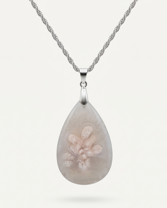 Magnolia Silver Pendant Necklace in Flower Agate - Classic (M) Water Drop