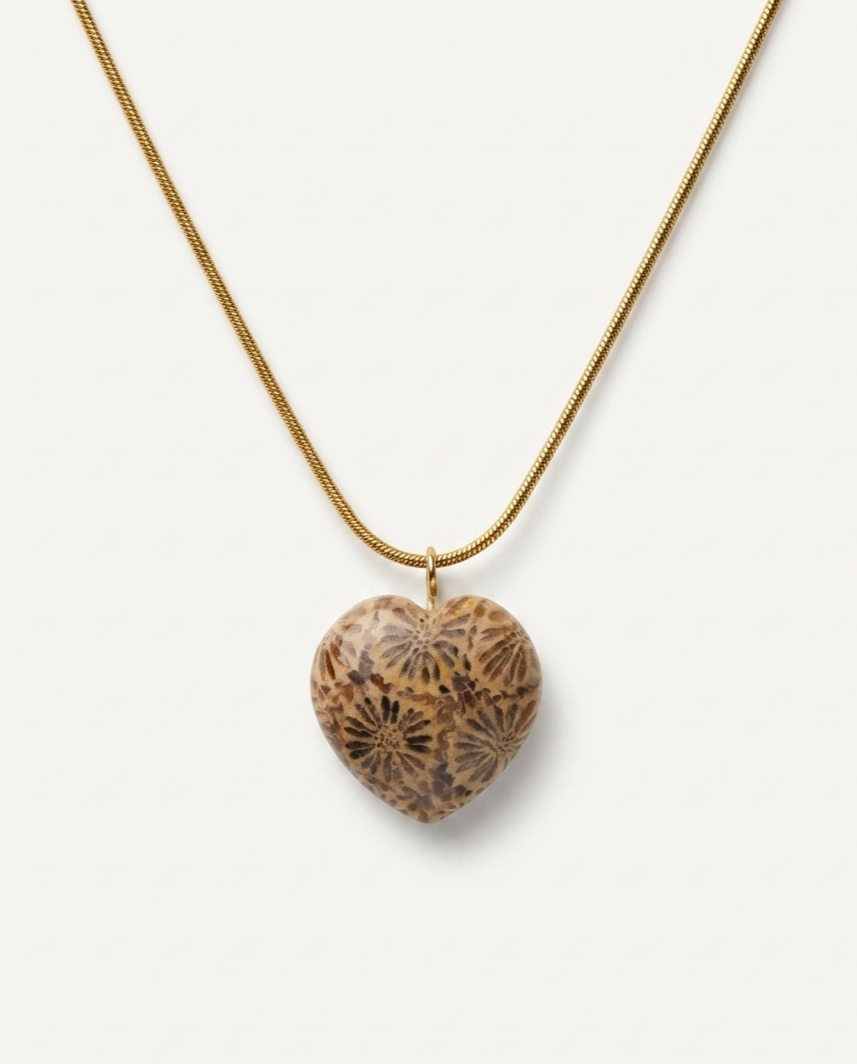 Forever Love Gold Charm Necklace in Coral Fossil