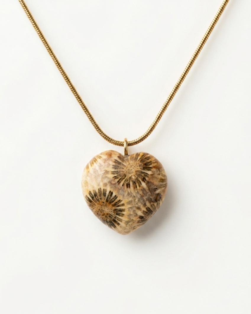 Forever Love Gold Charm Necklace in Coral Fossil