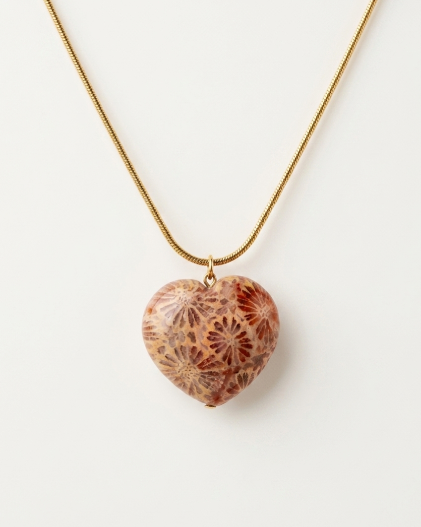 Forever Love Gold Charm Necklace in Coral Fossil