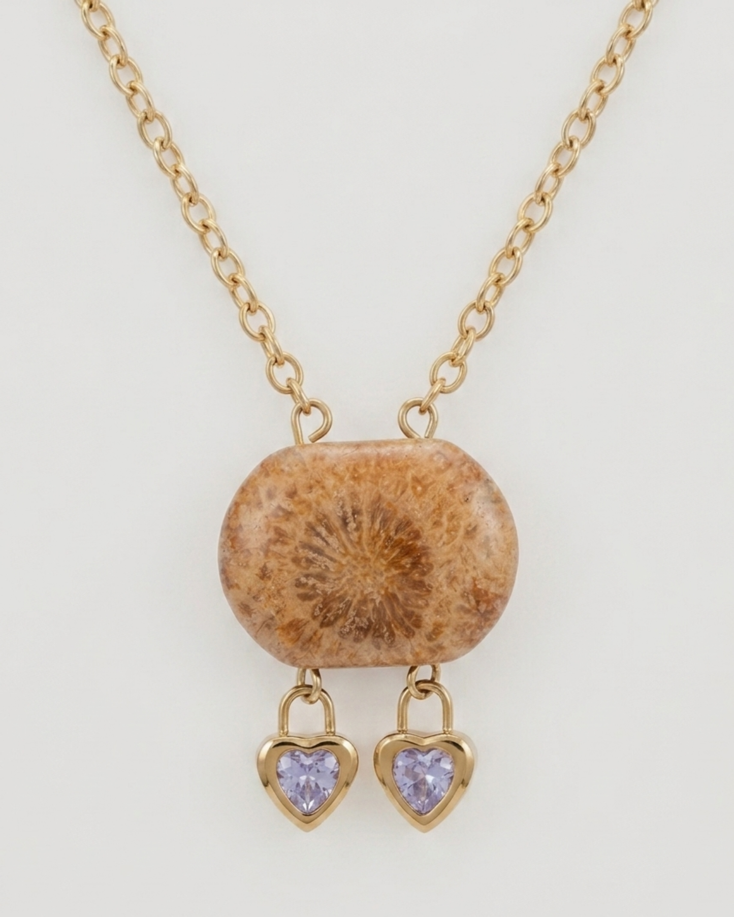 Cushion Gold Pendant Necklace in Coral Fossil