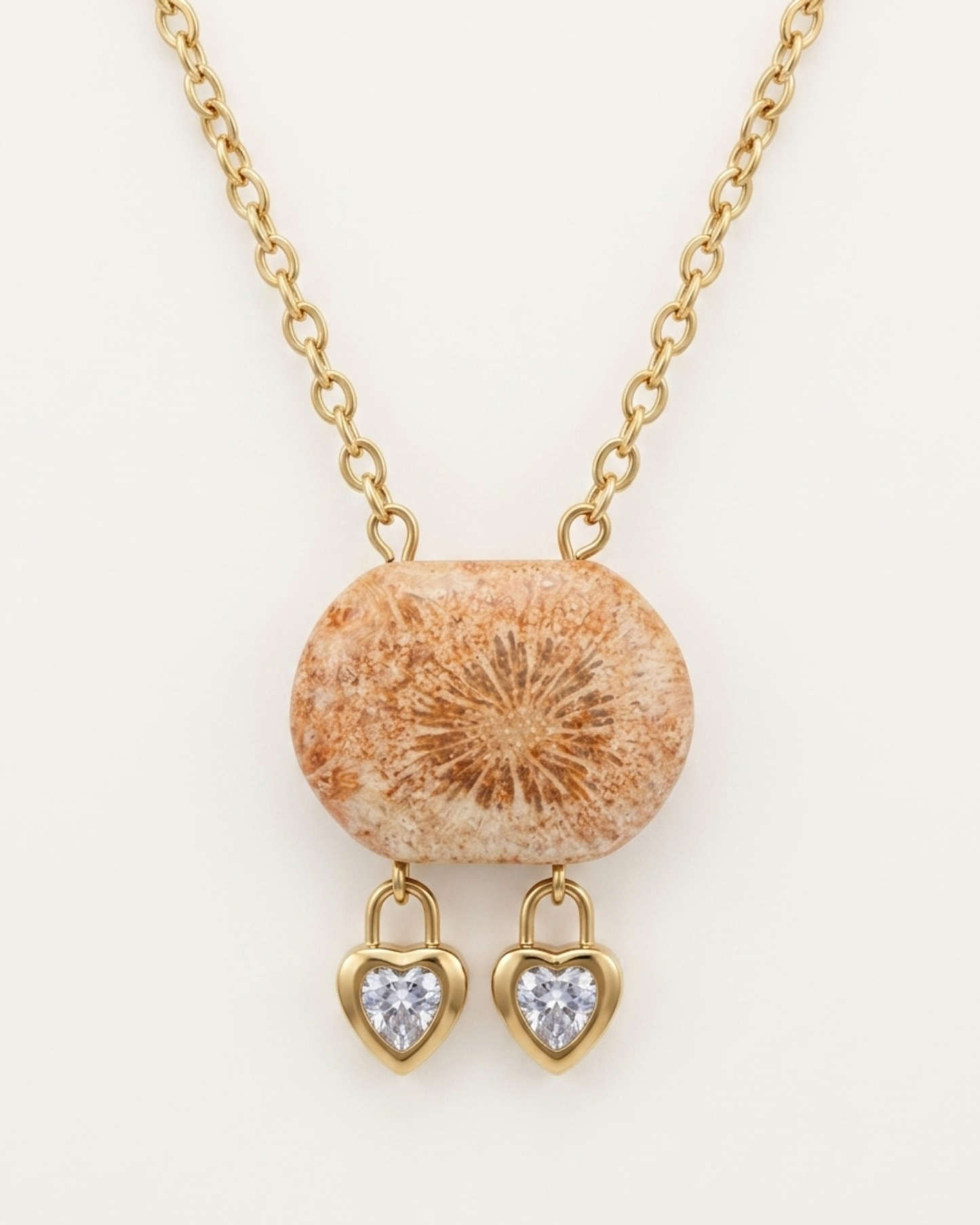 Cushion Gold Pendant Necklace in Coral Fossil