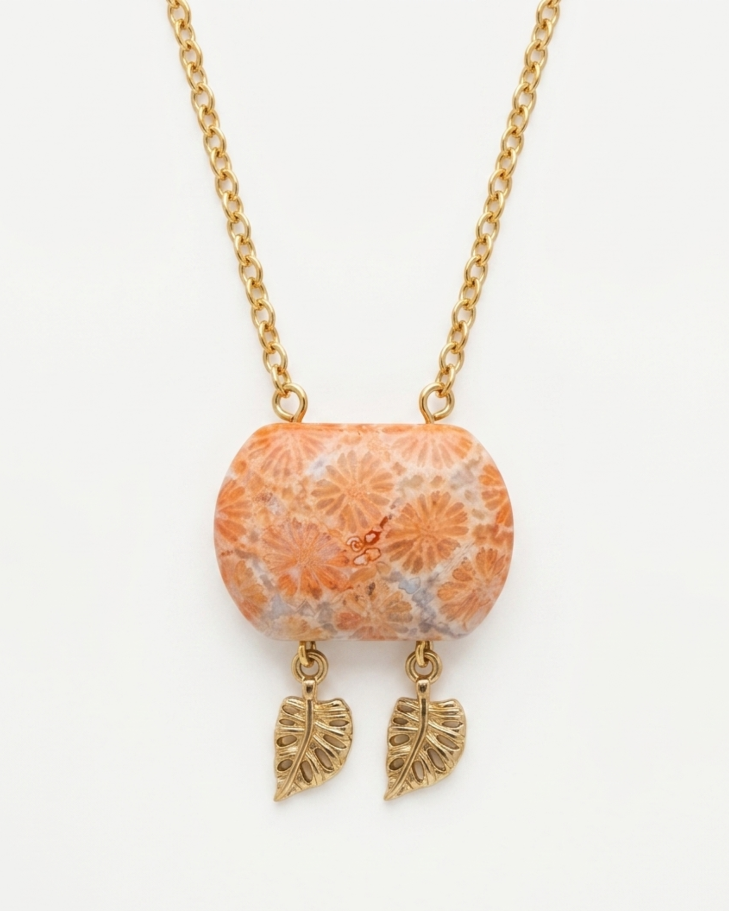 Cushion Gold Pendant Necklace in Coral Fossil
