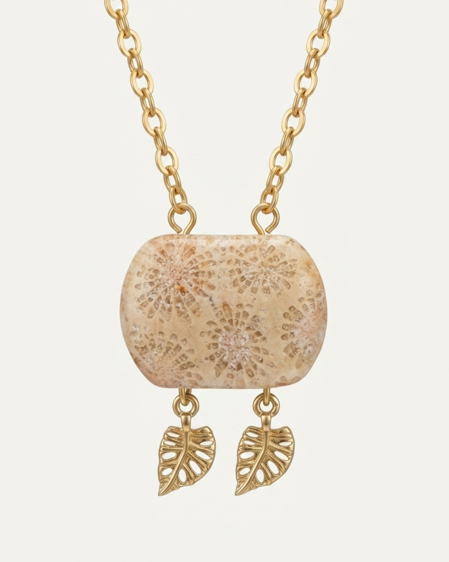 Cushion Gold Pendant Necklace in Coral Fossil