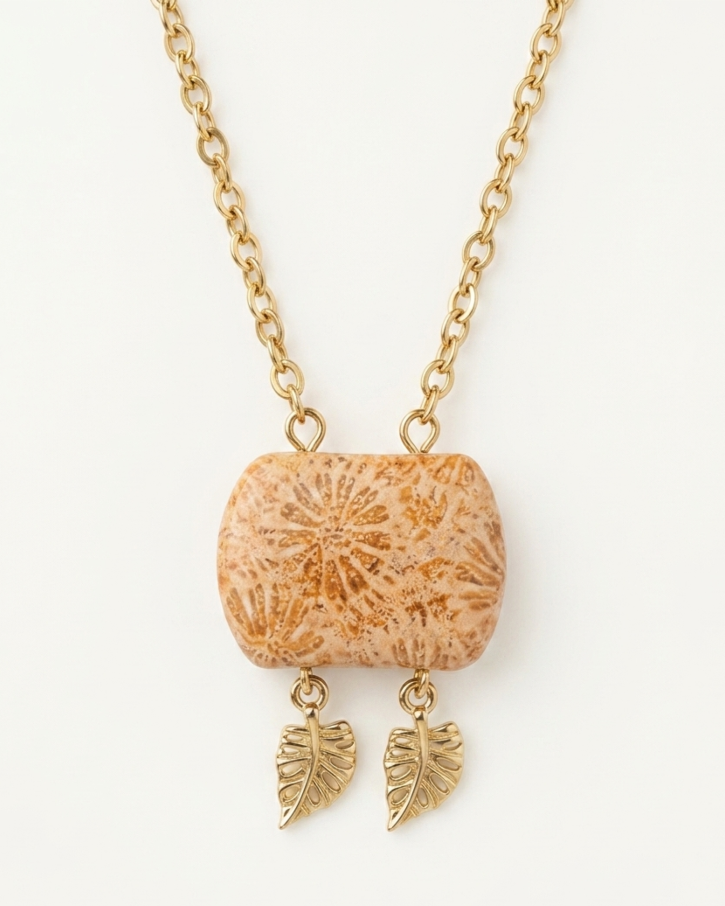 Cushion Gold Pendant Necklace in Coral Fossil