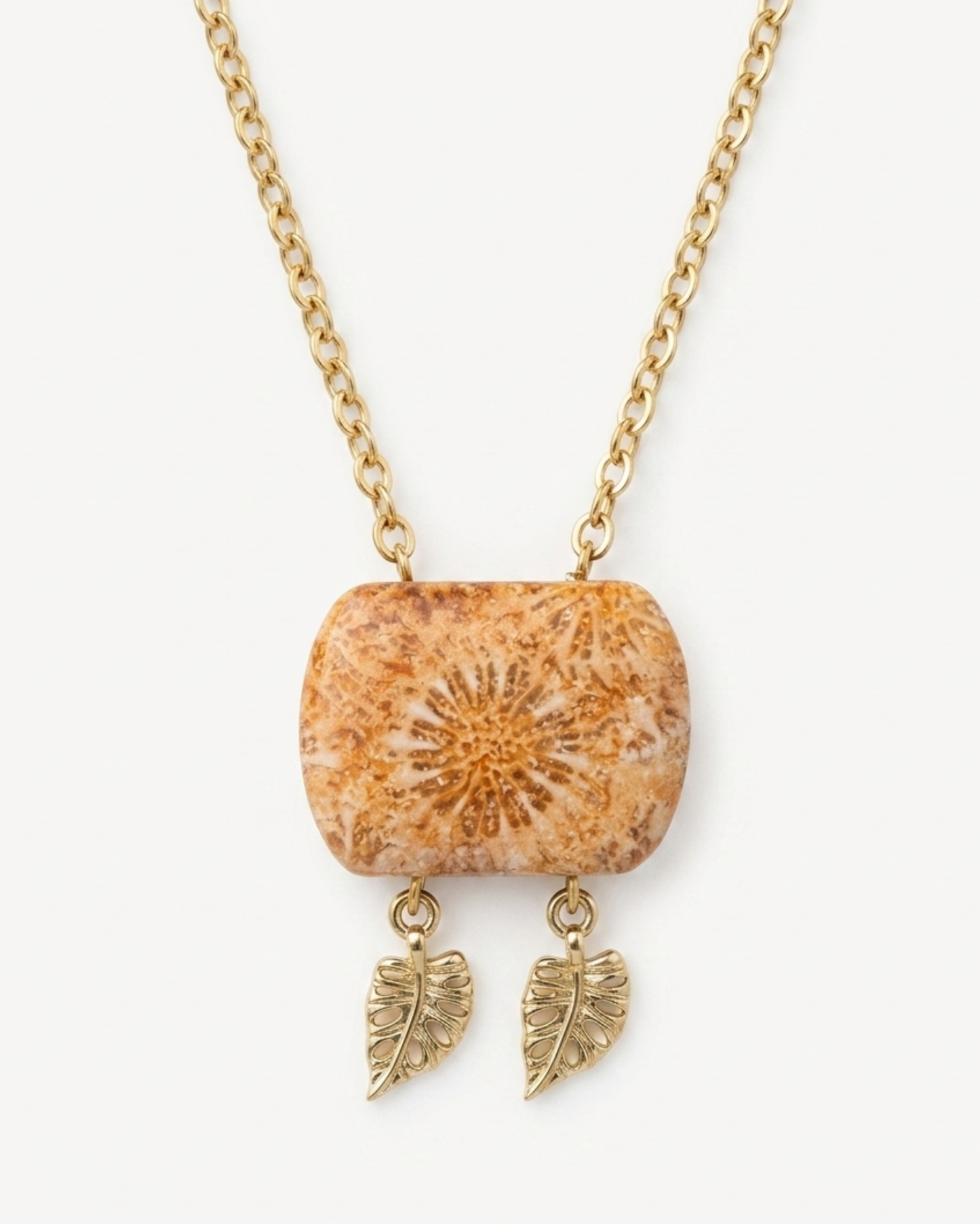 Cushion Gold Pendant Necklace in Coral Fossil