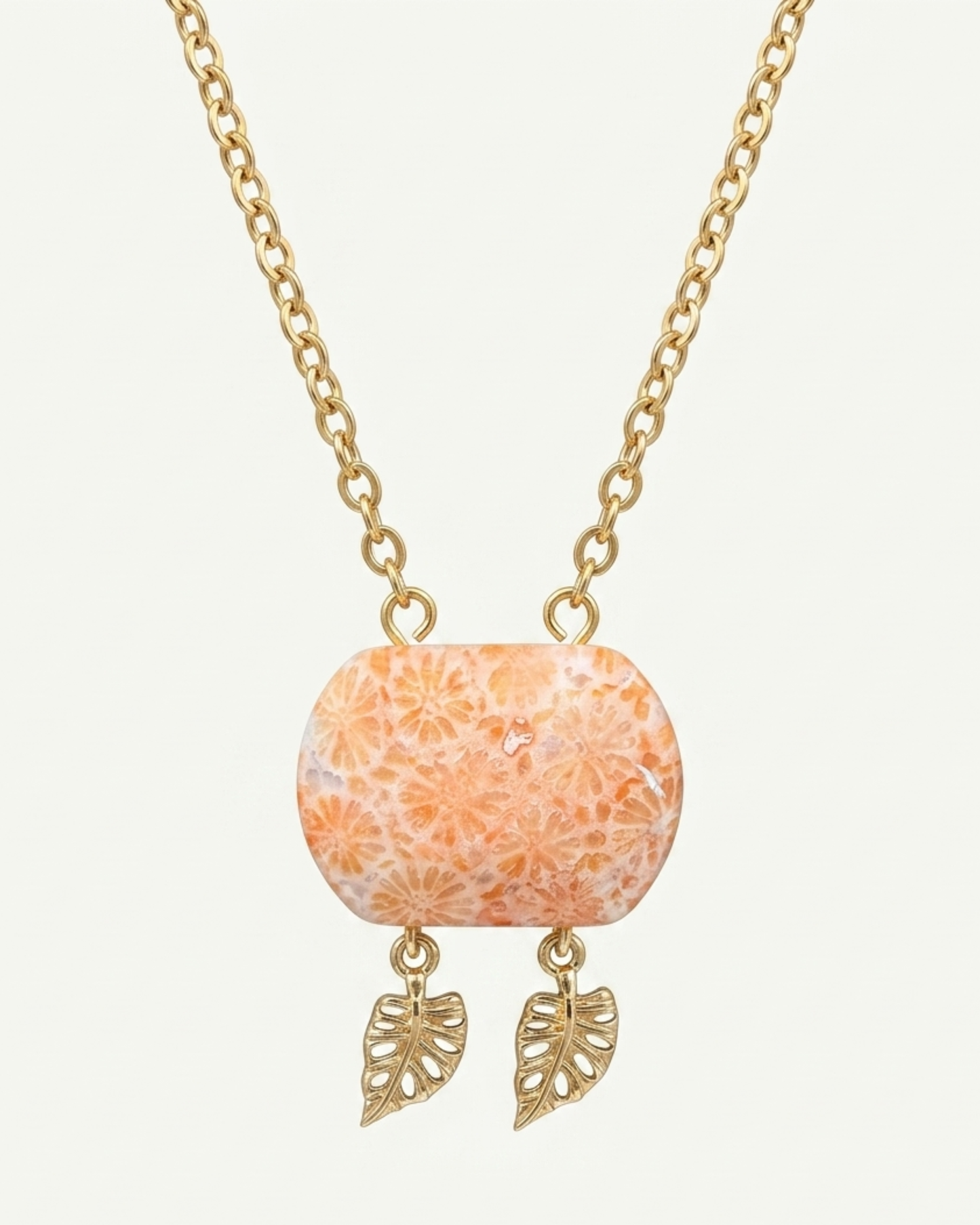 Cushion Gold Pendant Necklace in Coral Fossil