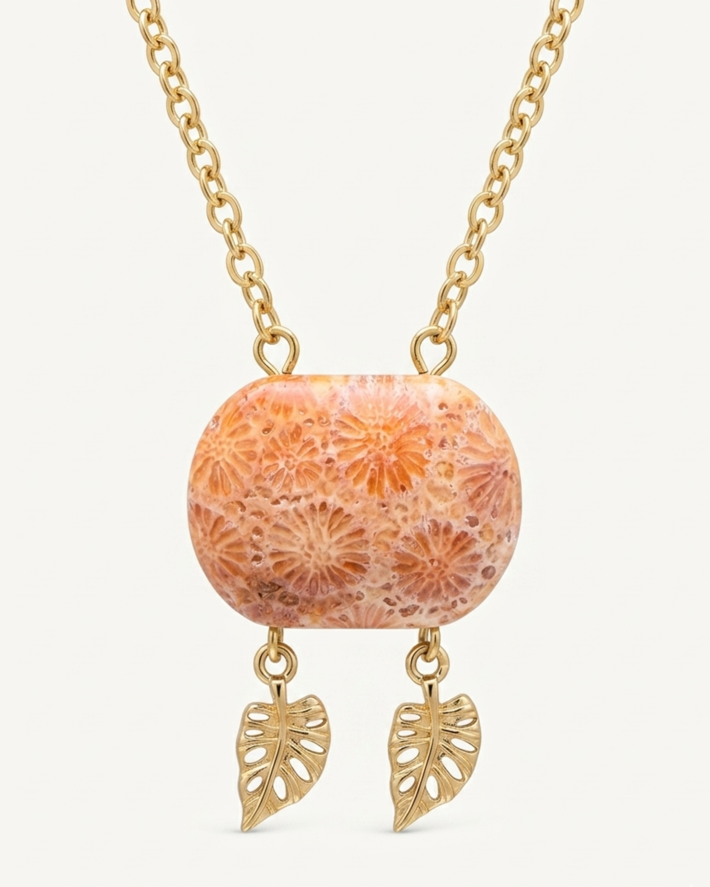 Cushion Gold Pendant Necklace in Coral Fossil