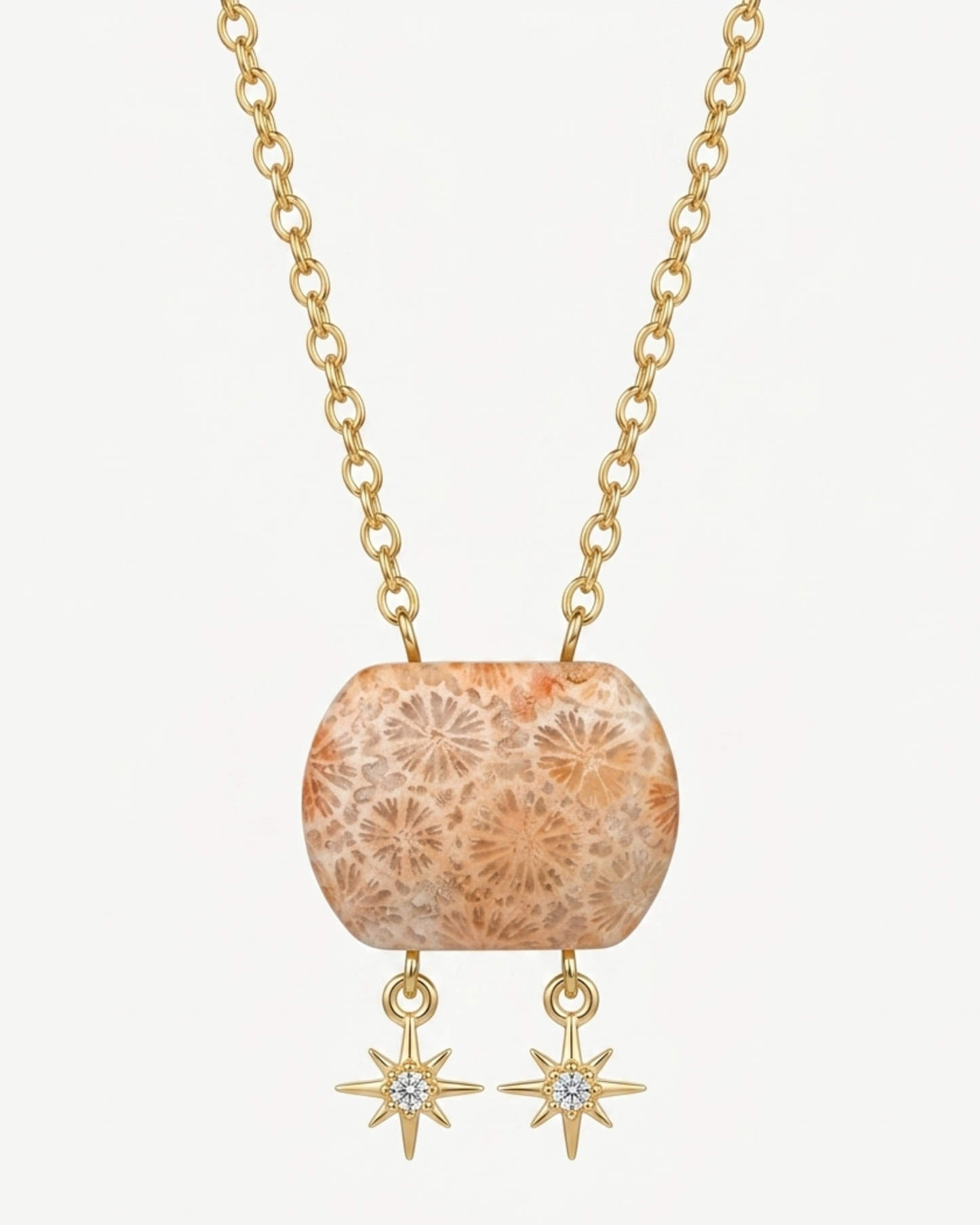 Cushion Gold Pendant Necklace in Coral Fossil
