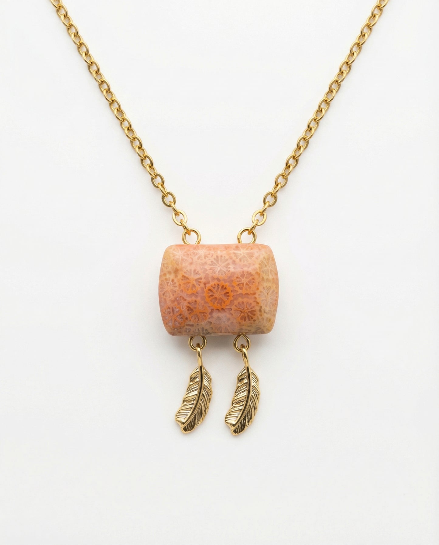 Cushion Gold Pendant Necklace in Coral Fossil