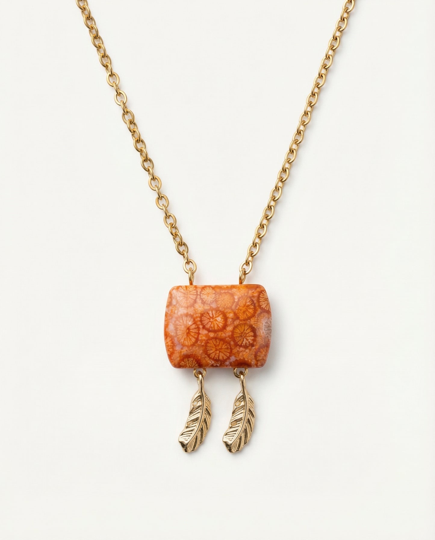 Cushion Gold Pendant Necklace in Coral Fossil