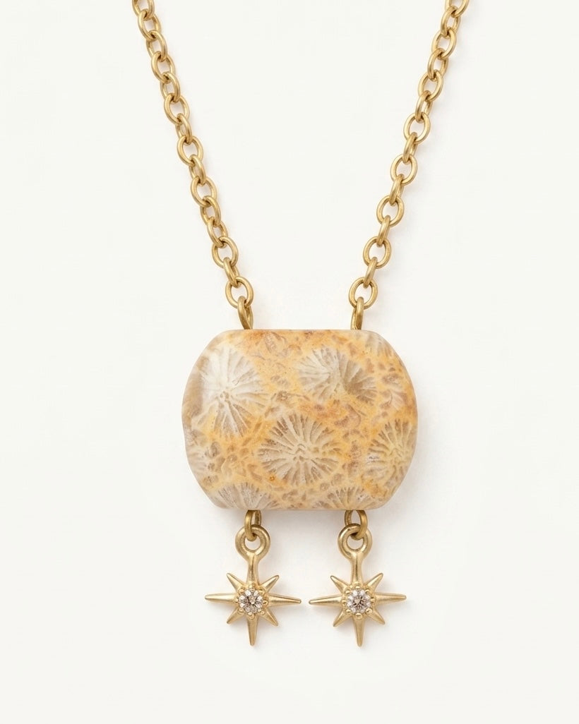 Cushion Gold Pendant Necklace in Coral Fossil