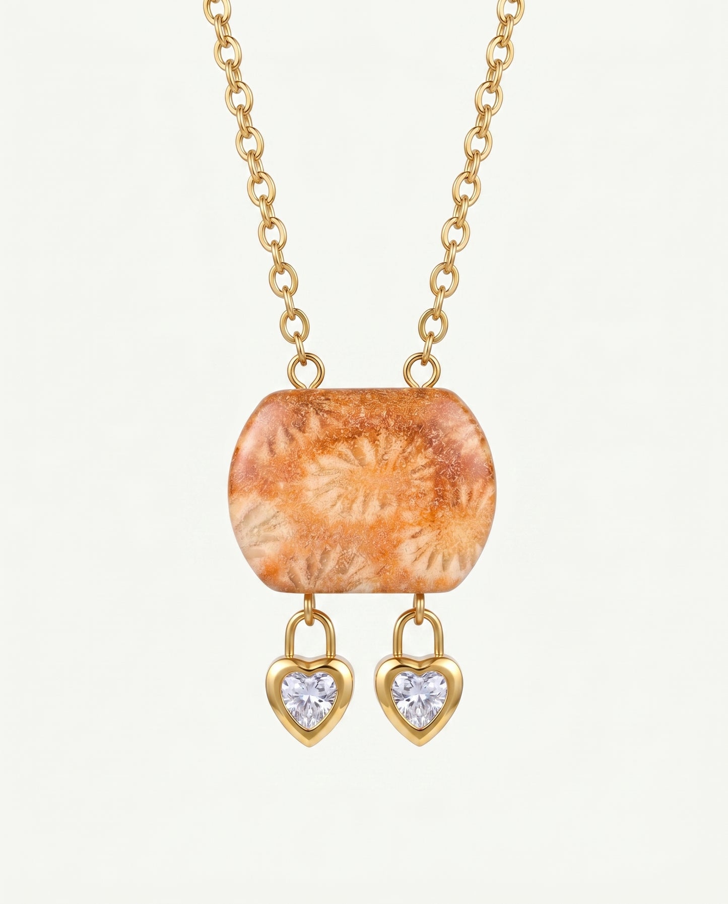 Cushion Gold Pendant Necklace in Coral Fossil