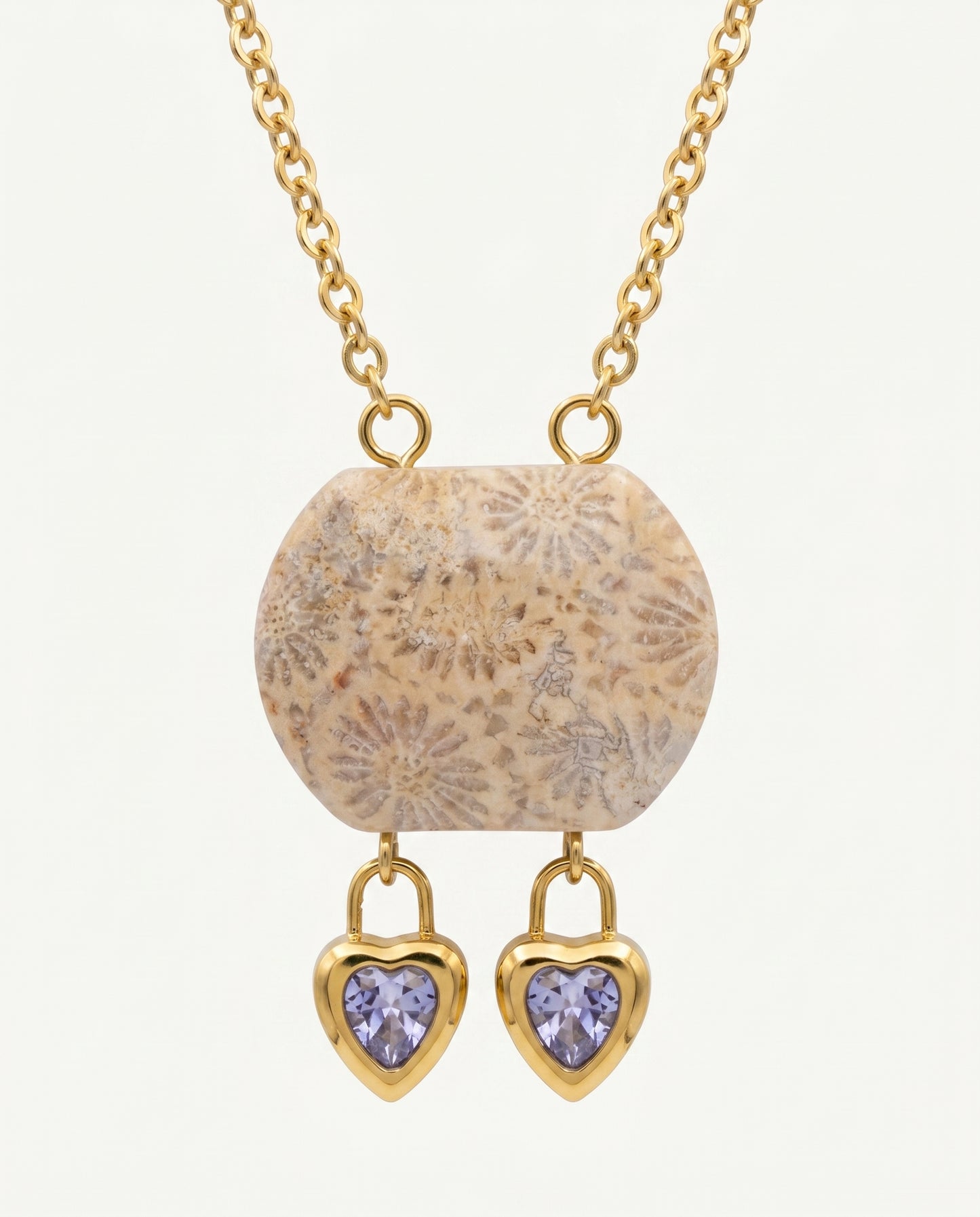 Cushion Gold Pendant Necklace in Coral Fossil