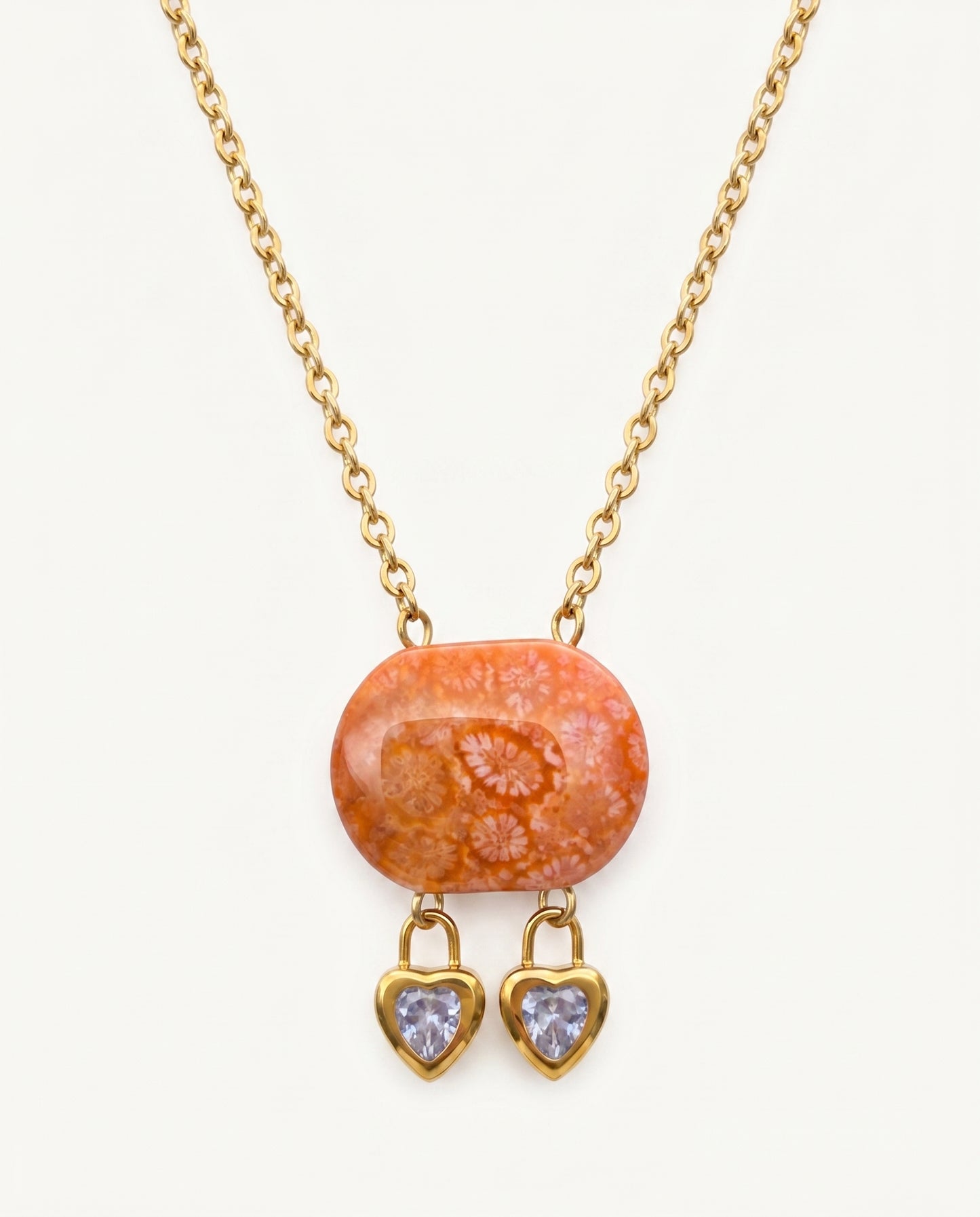 Cushion Gold Pendant Necklace in Coral Fossil