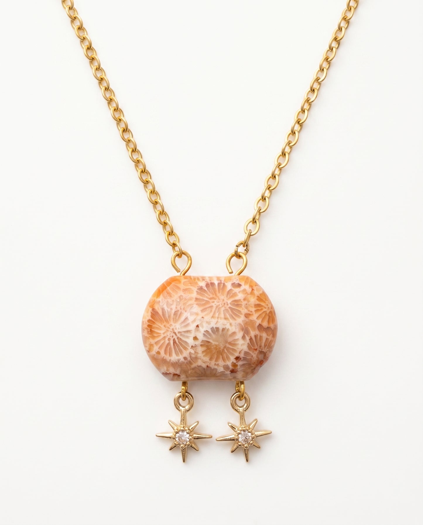 Cushion Gold Pendant Necklace in Coral Fossil