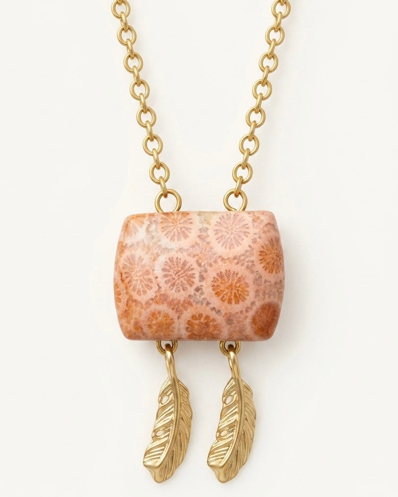 Cushion Gold Pendant Necklace in Coral Fossil