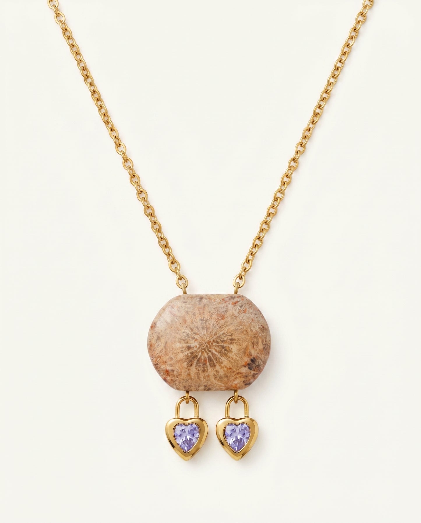 Cushion Gold Pendant Necklace in Coral Fossil