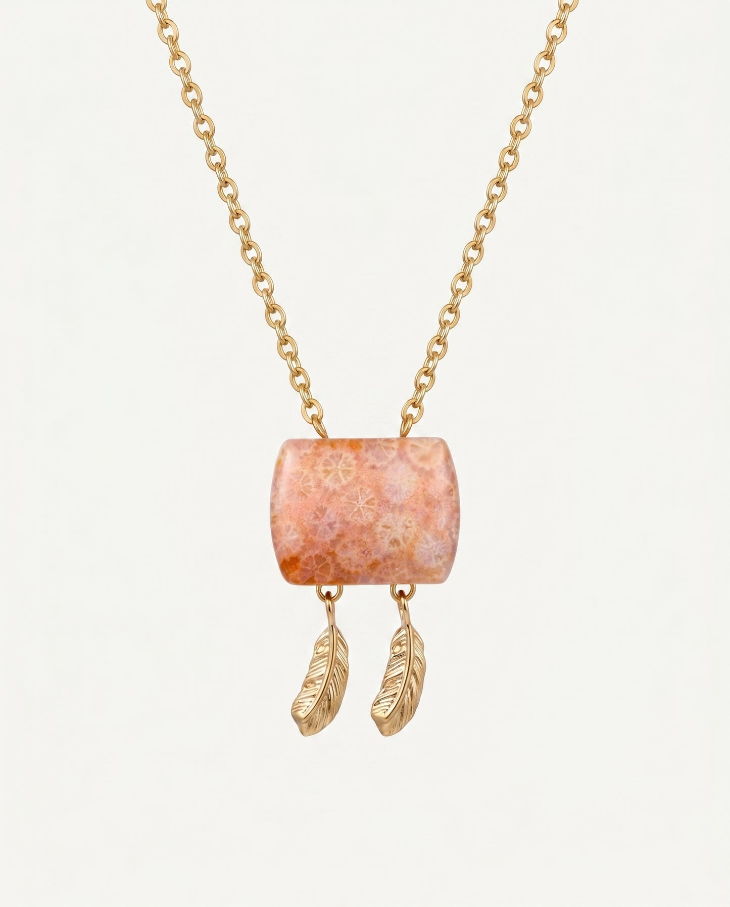 Cushion Gold Pendant Necklace in Coral Fossil