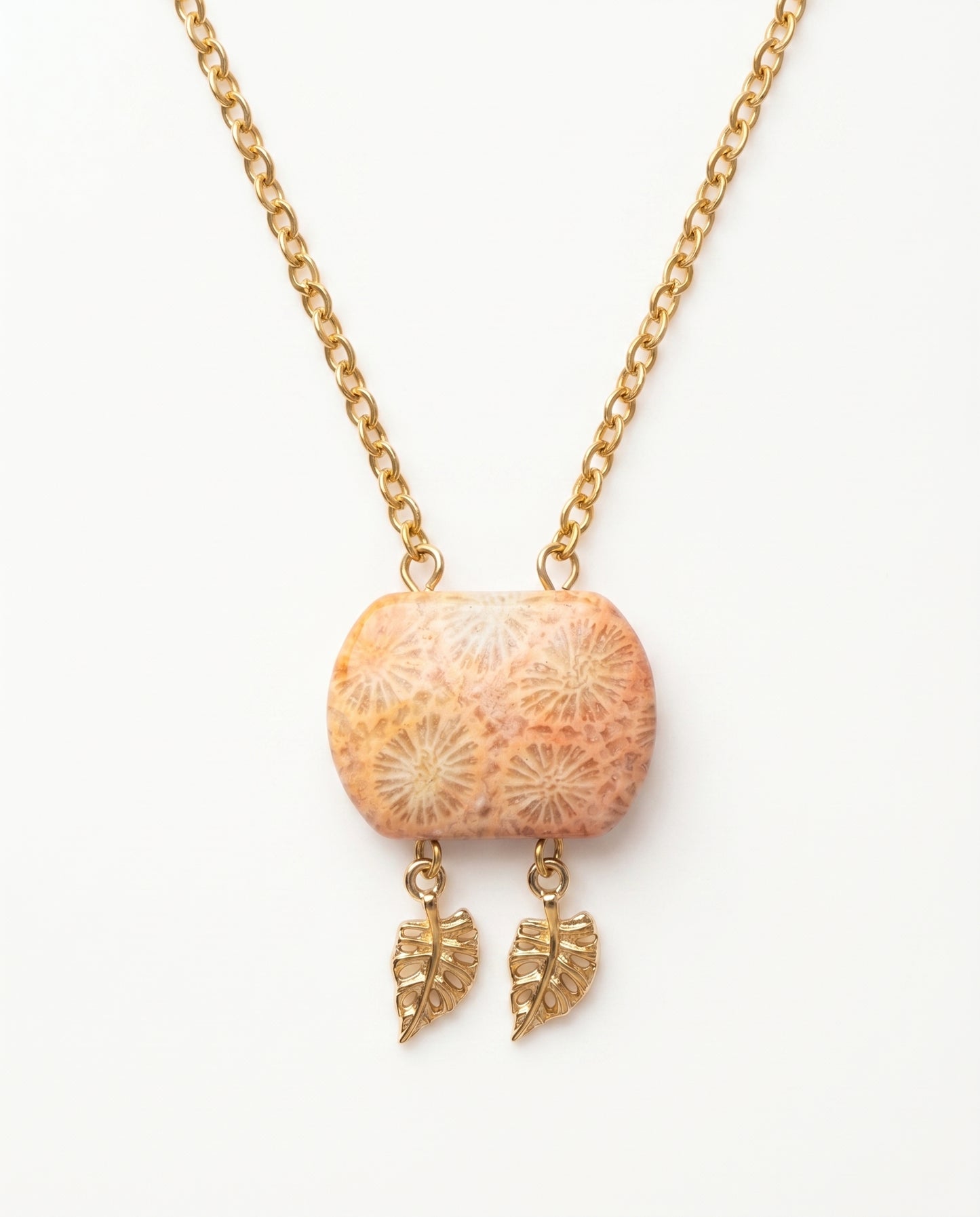 Cushion Gold Pendant Necklace in Coral Fossil