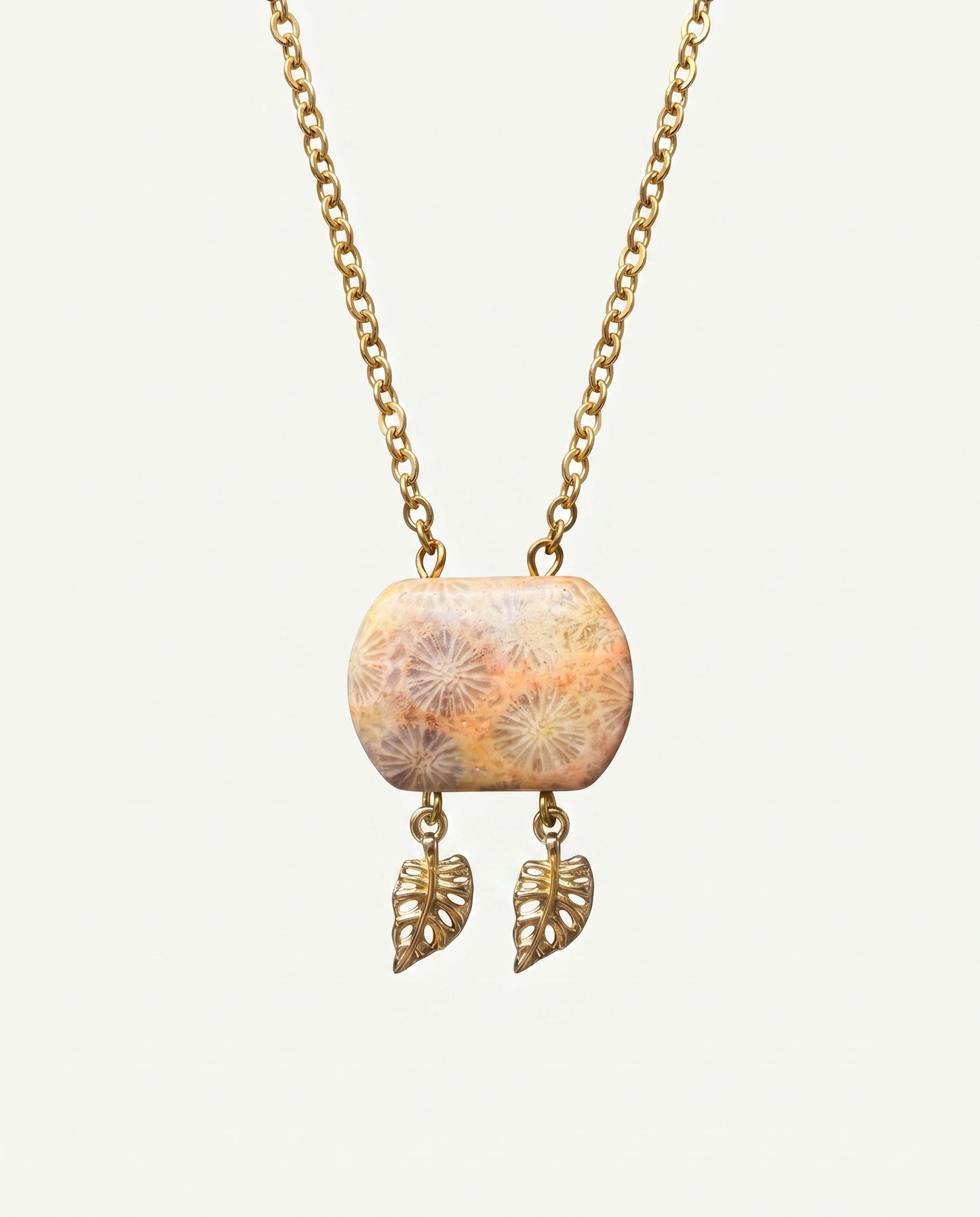 Cushion Gold Pendant Necklace in Coral Fossil