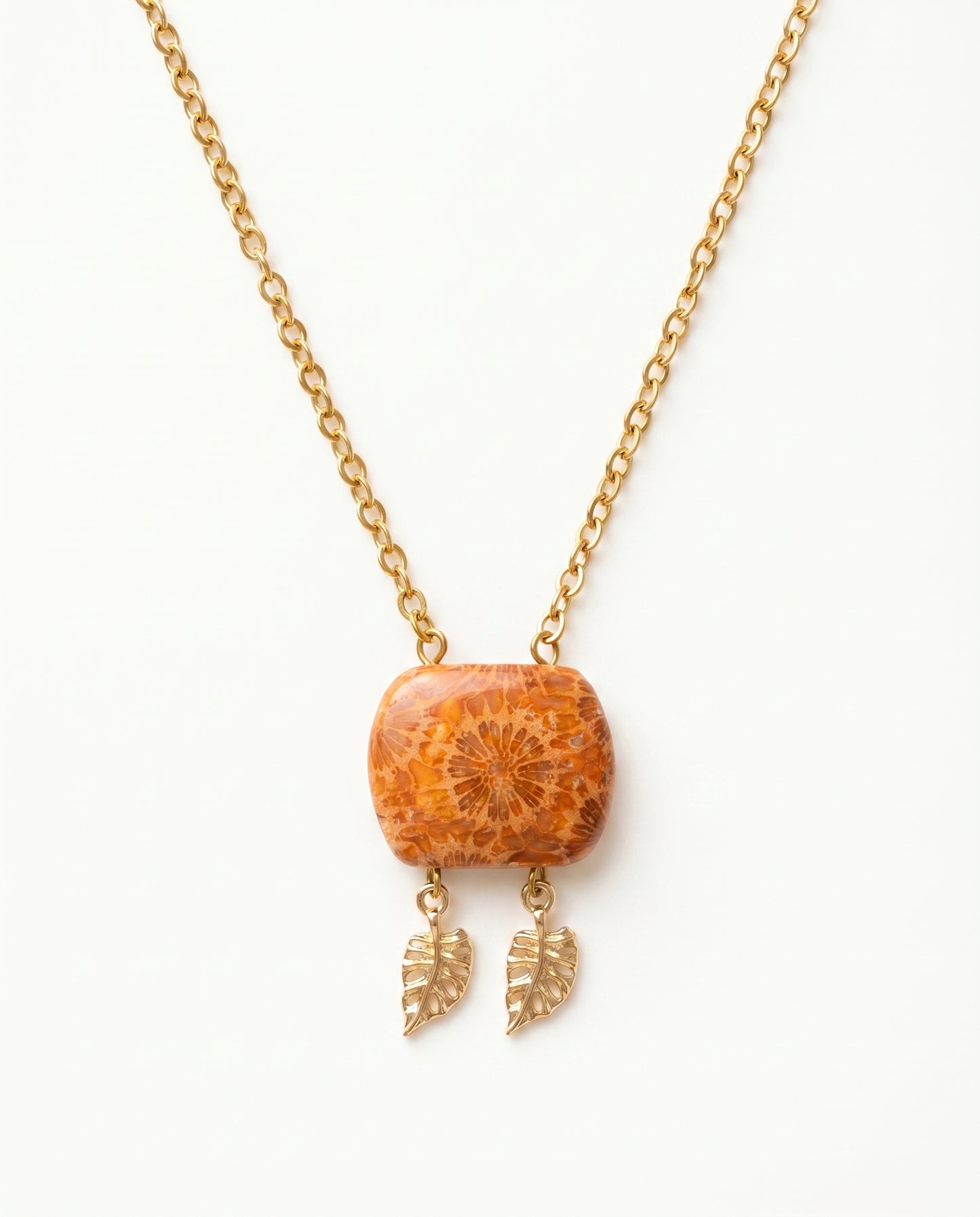 Cushion Gold Pendant Necklace in Coral Fossil