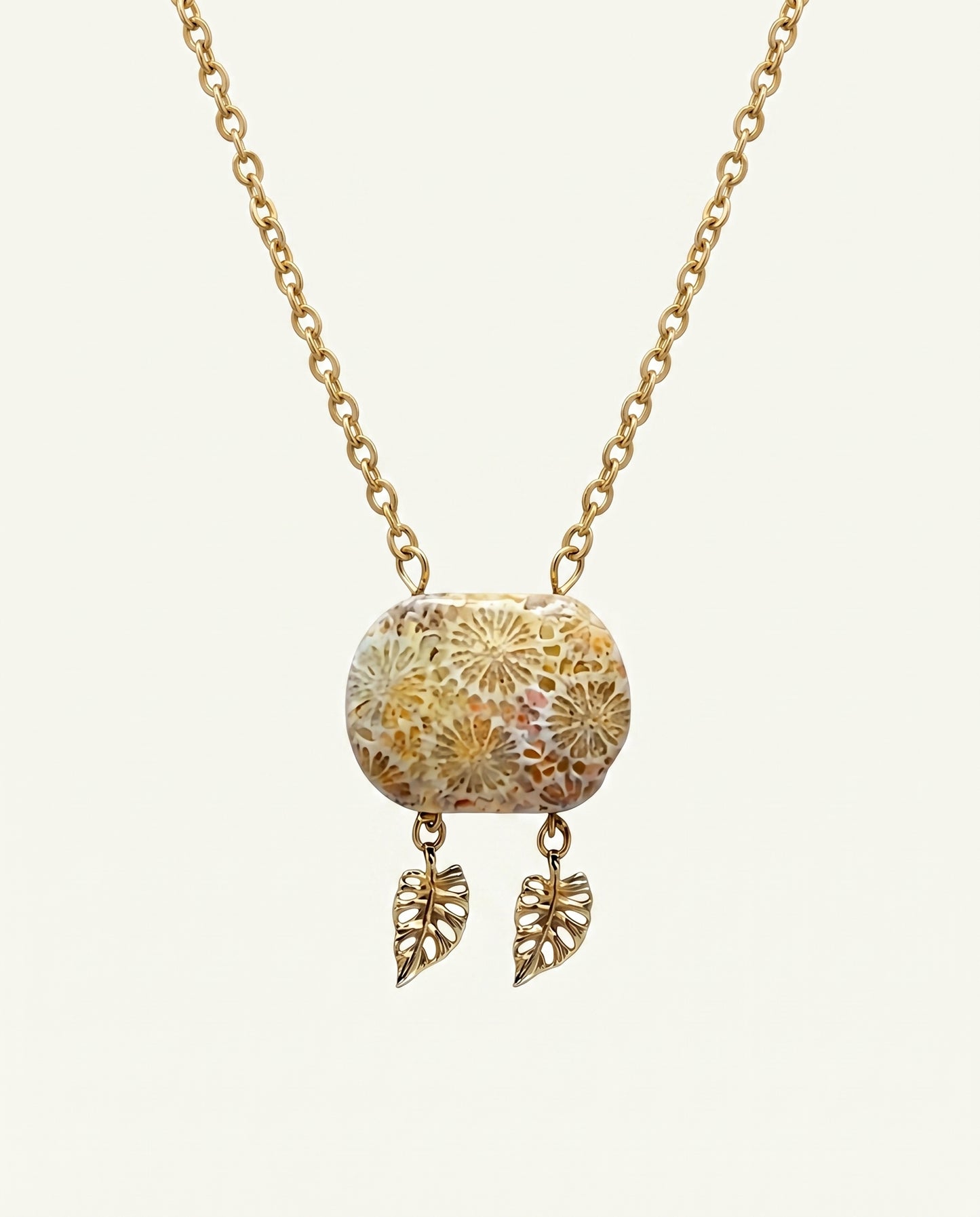 Cushion Gold Pendant Necklace in Coral Fossil
