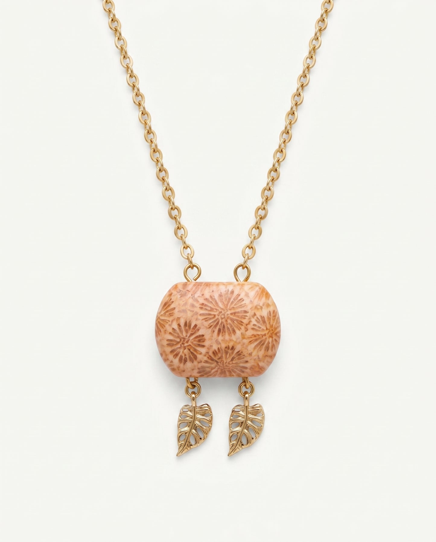 Cushion Gold Pendant Necklace in Coral Fossil