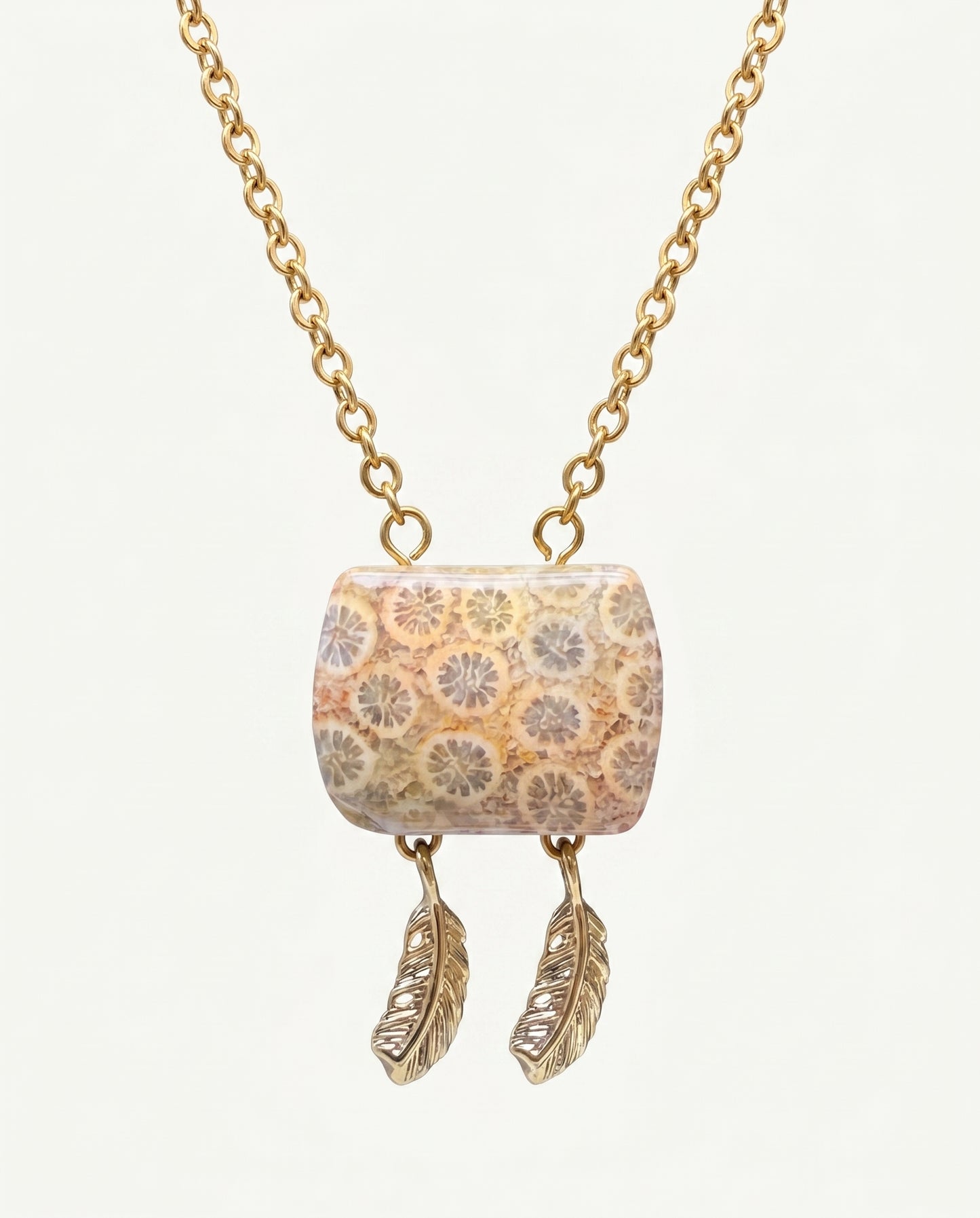 Cushion Gold Pendant Necklace in Coral Fossil