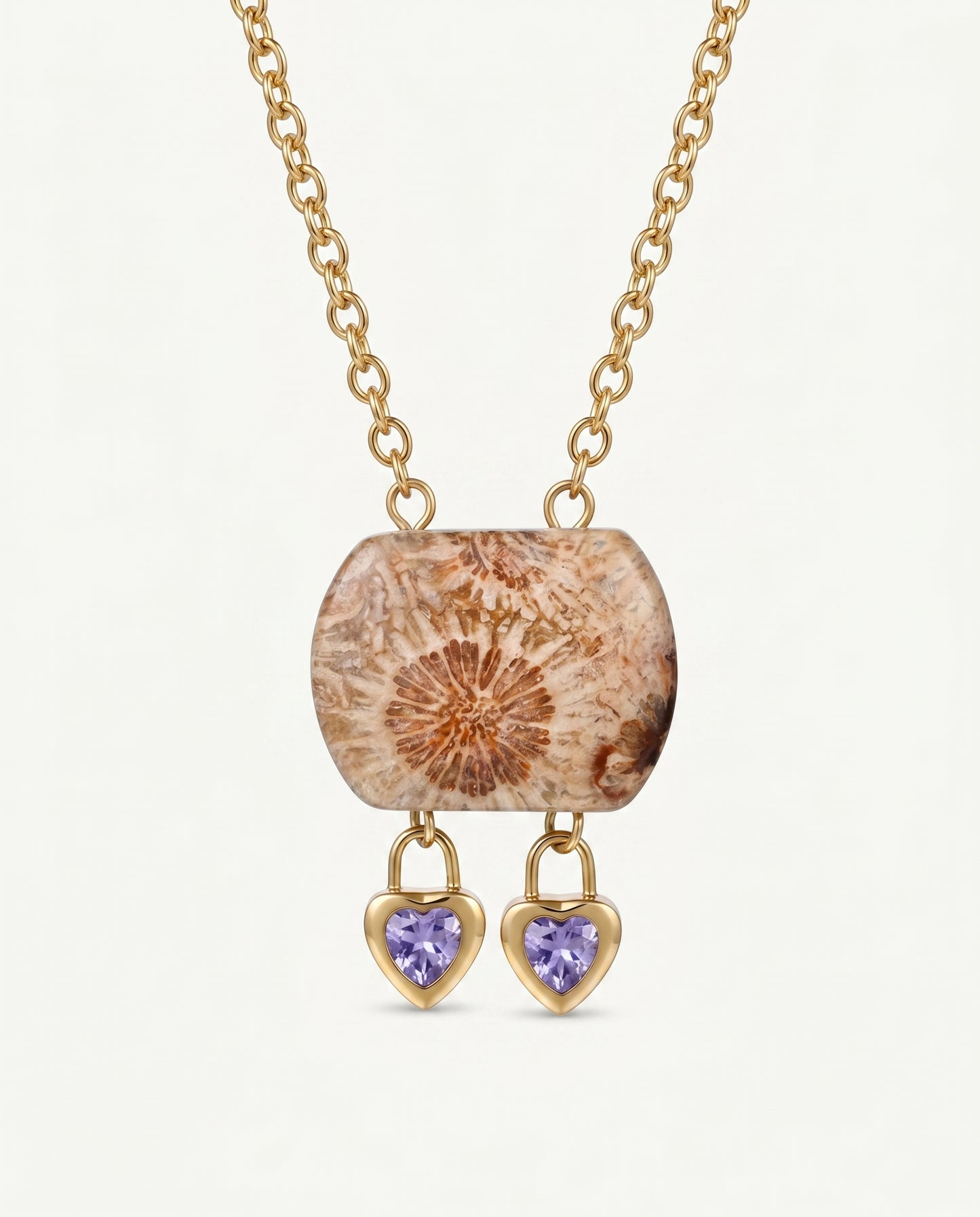 Cushion Gold Pendant Necklace in Coral Fossil