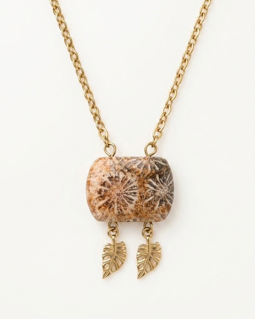 Cushion Gold Pendant Necklace in Coral Fossil