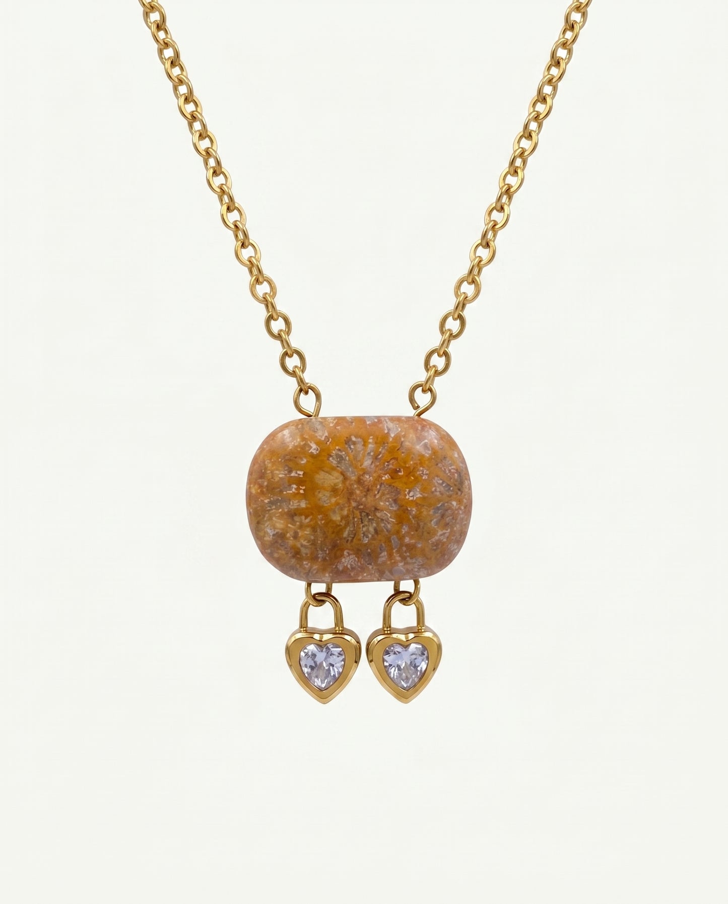 Cushion Gold Pendant Necklace in Coral Fossil