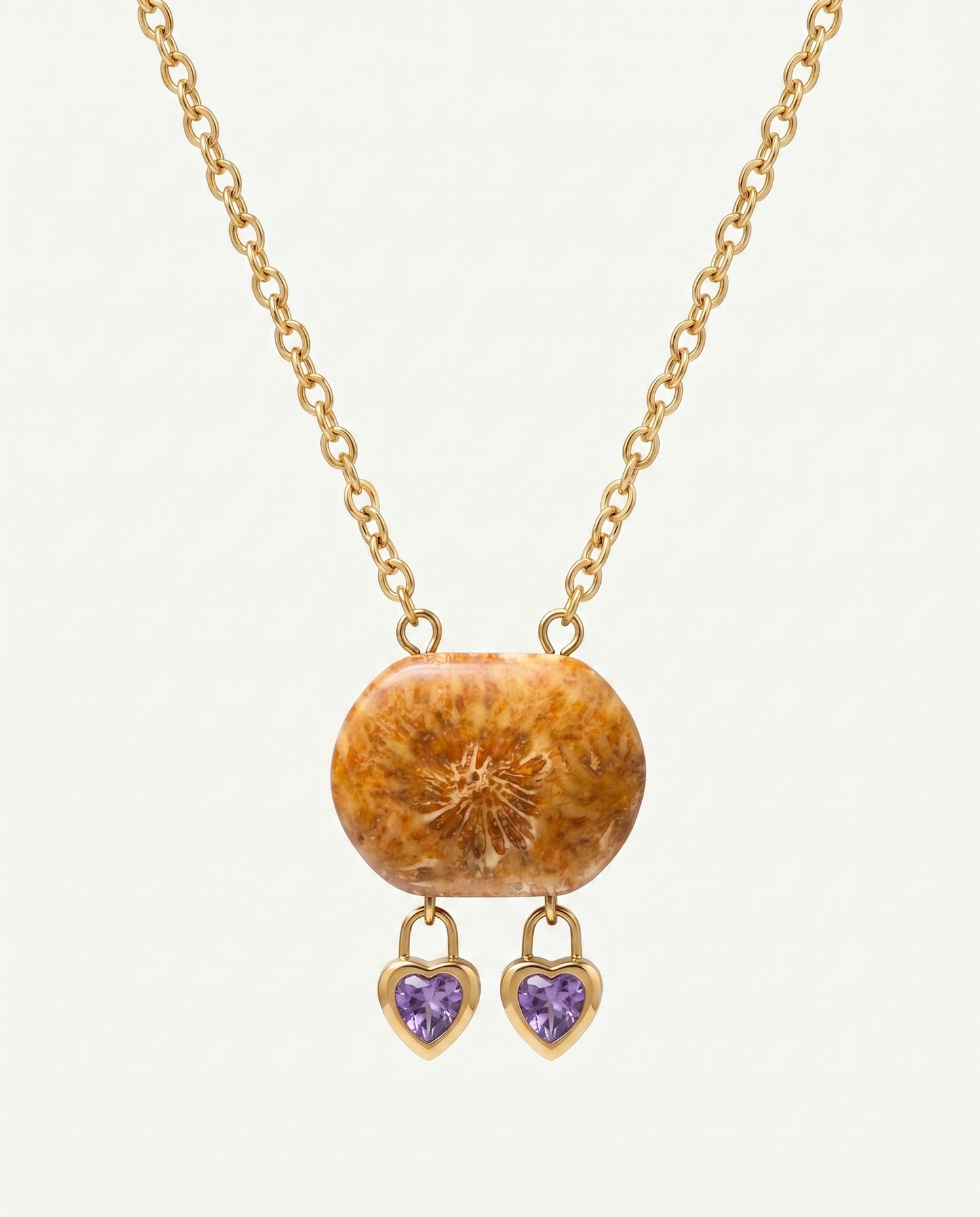 Cushion Gold Pendant Necklace in Coral Fossil