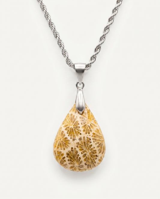 Marigold Silver Pendant Necklace in Coral Fossil - Classic (M) Water Drop