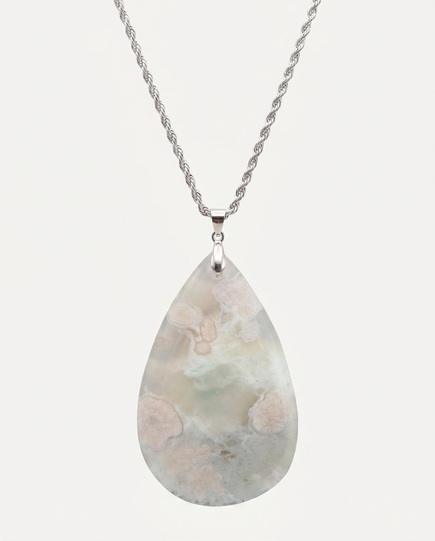 Magnolia Silver Pendant Necklace in Flower Agate - Statement (L) Water Drop