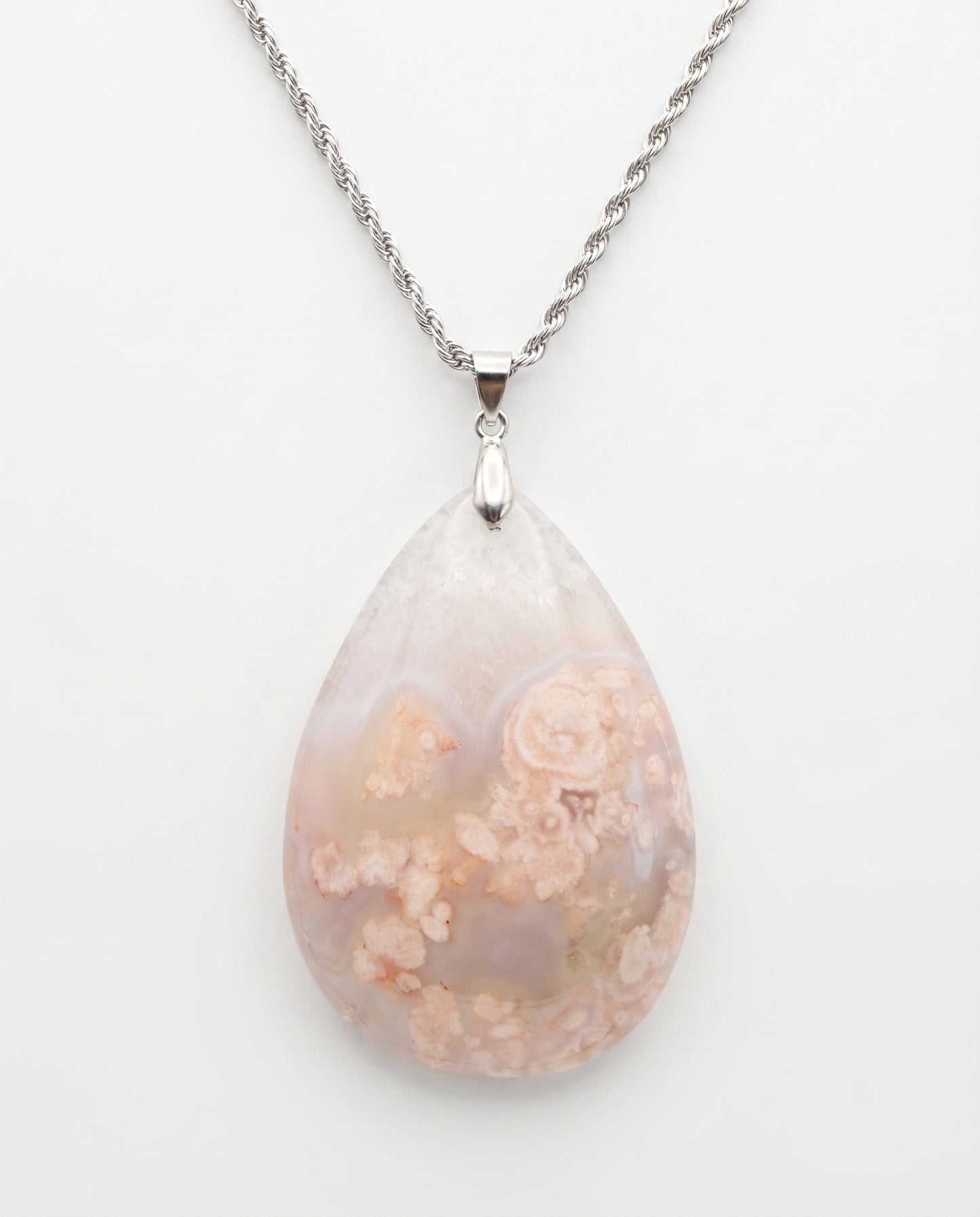 Magnolia Silver Pendant Necklace in Flower Agate - Statement (L) Water Drop