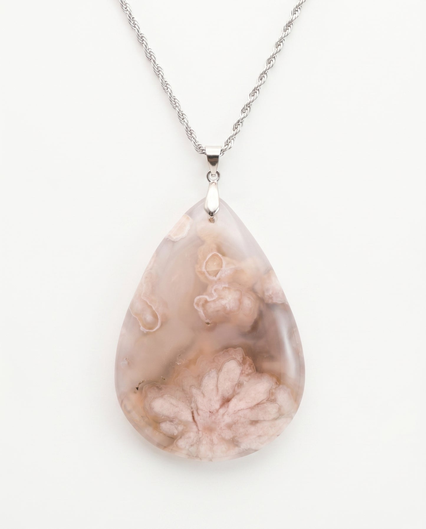 Magnolia Silver Pendant Necklace in Flower Agate - Statement (L) Water Drop