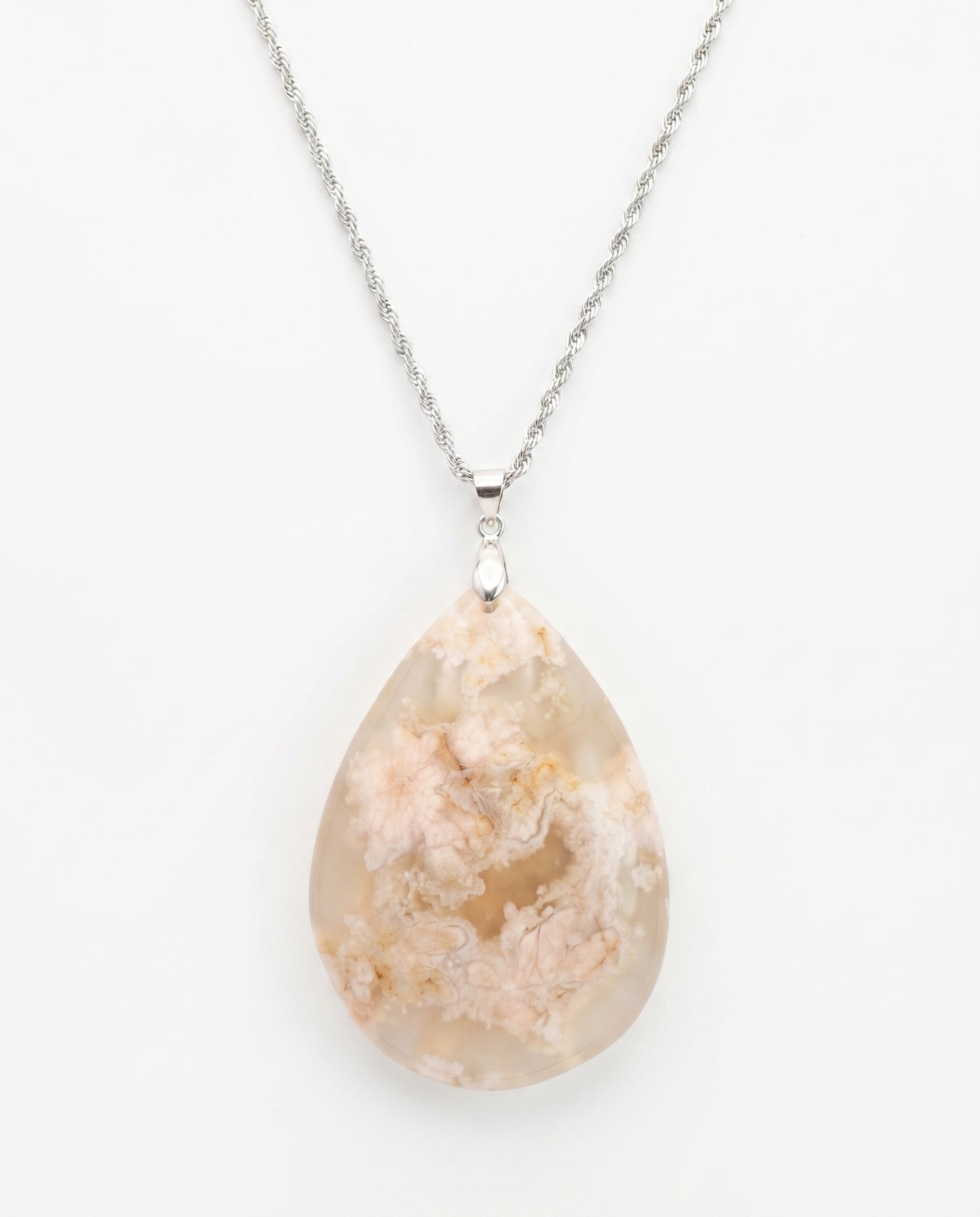 Magnolia Silver Pendant Necklace in Flower Agate - Statement (L) Water Drop