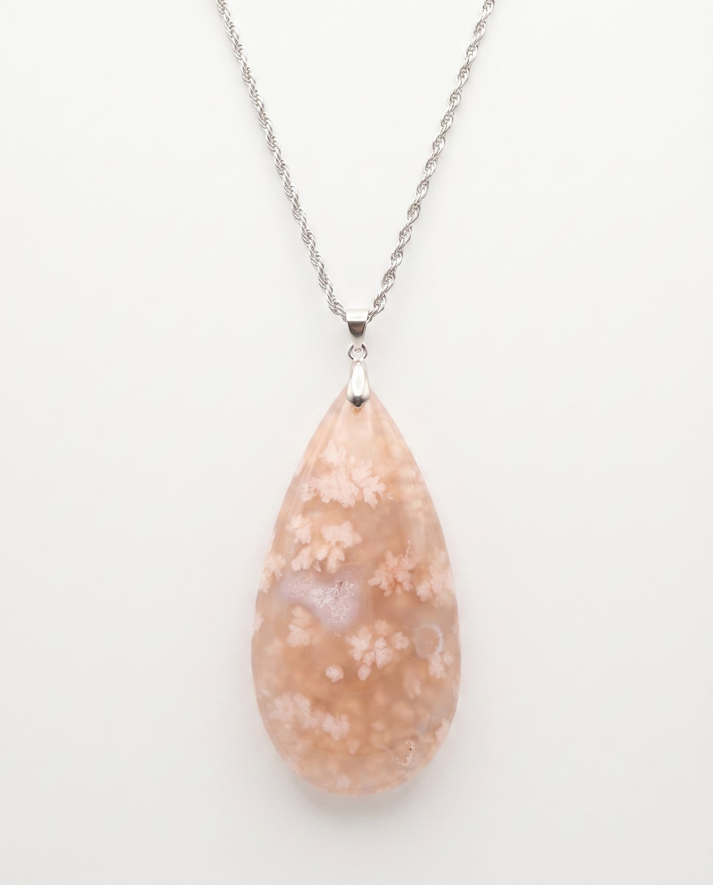 Magnolia Silver Pendant Necklace in Flower Agate - Statement (L) Water Drop