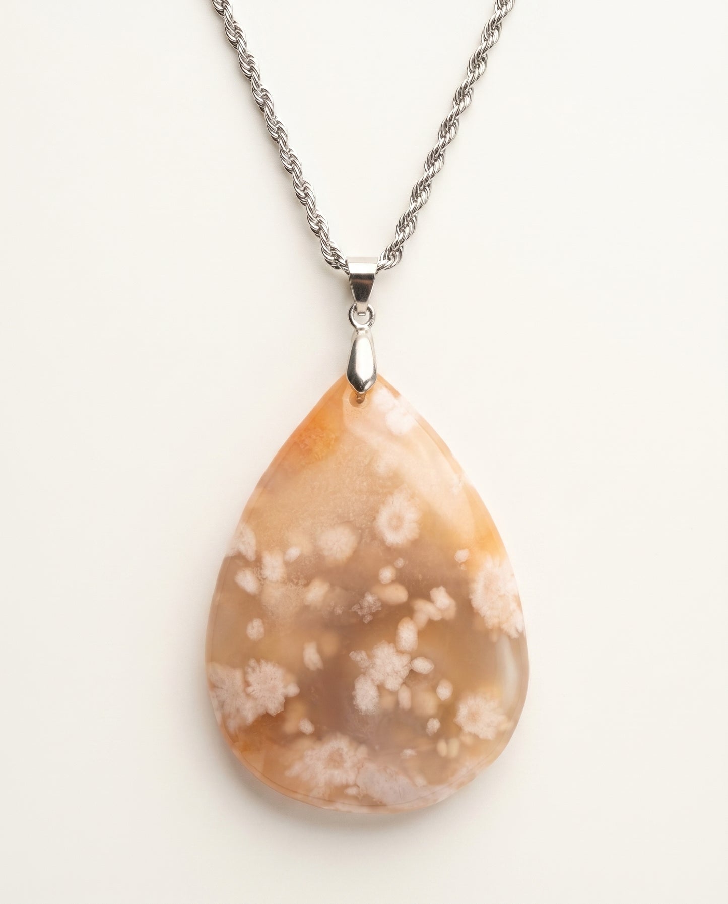 Magnolia Silver Pendant Necklace in Flower Agate - Statement (L) Water Drop