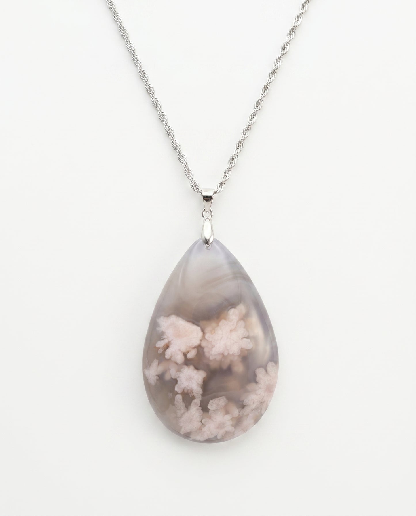 Magnolia Silver Pendant Necklace in Flower Agate - Statement (L) Water Drop