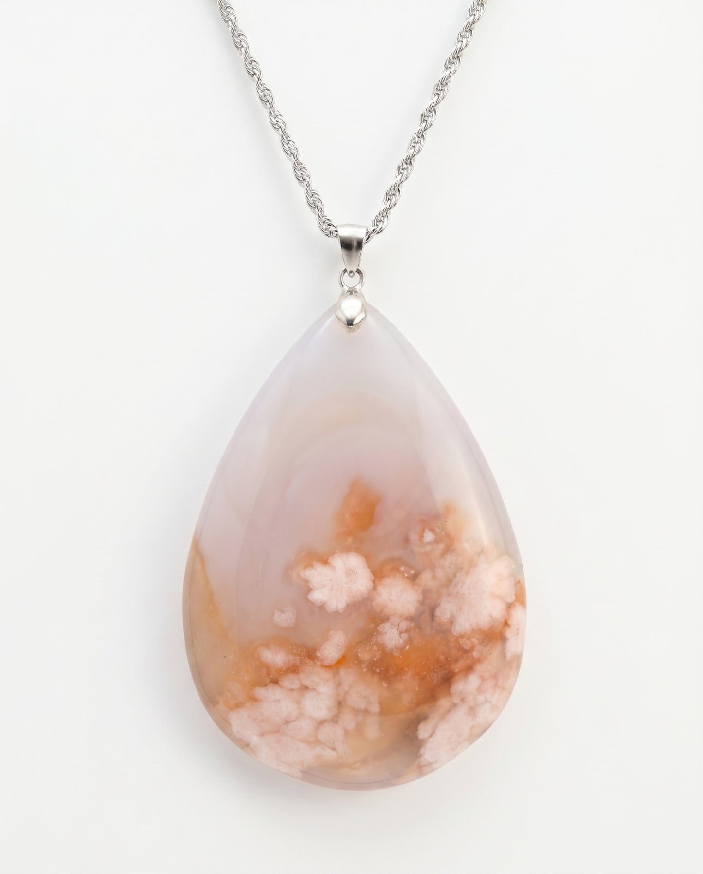 Magnolia Silver Pendant Necklace in Flower Agate - Statement (L) Water Drop
