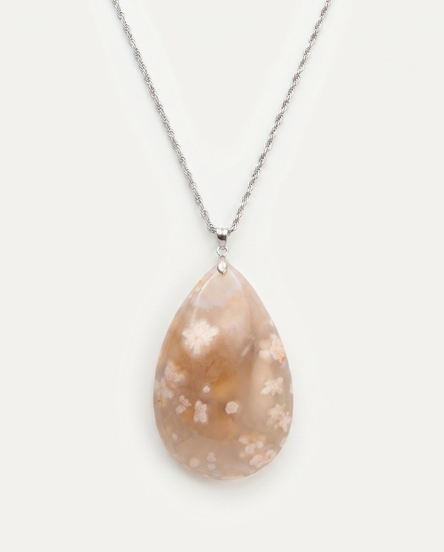 Magnolia Silver Pendant Necklace in Flower Agate - Statement (L) Water Drop
