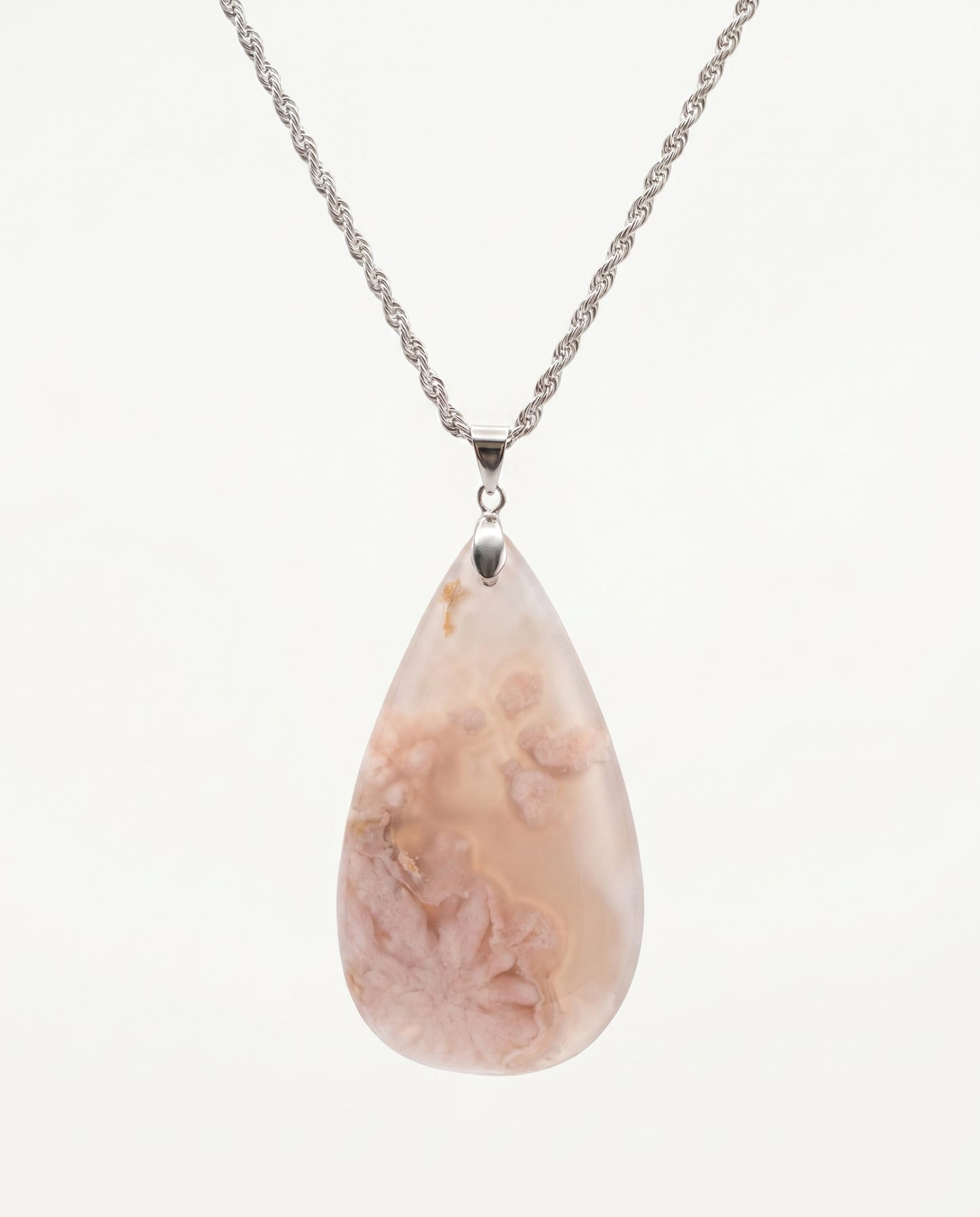 Magnolia Silver Pendant Necklace in Flower Agate - Statement (L) Water Drop