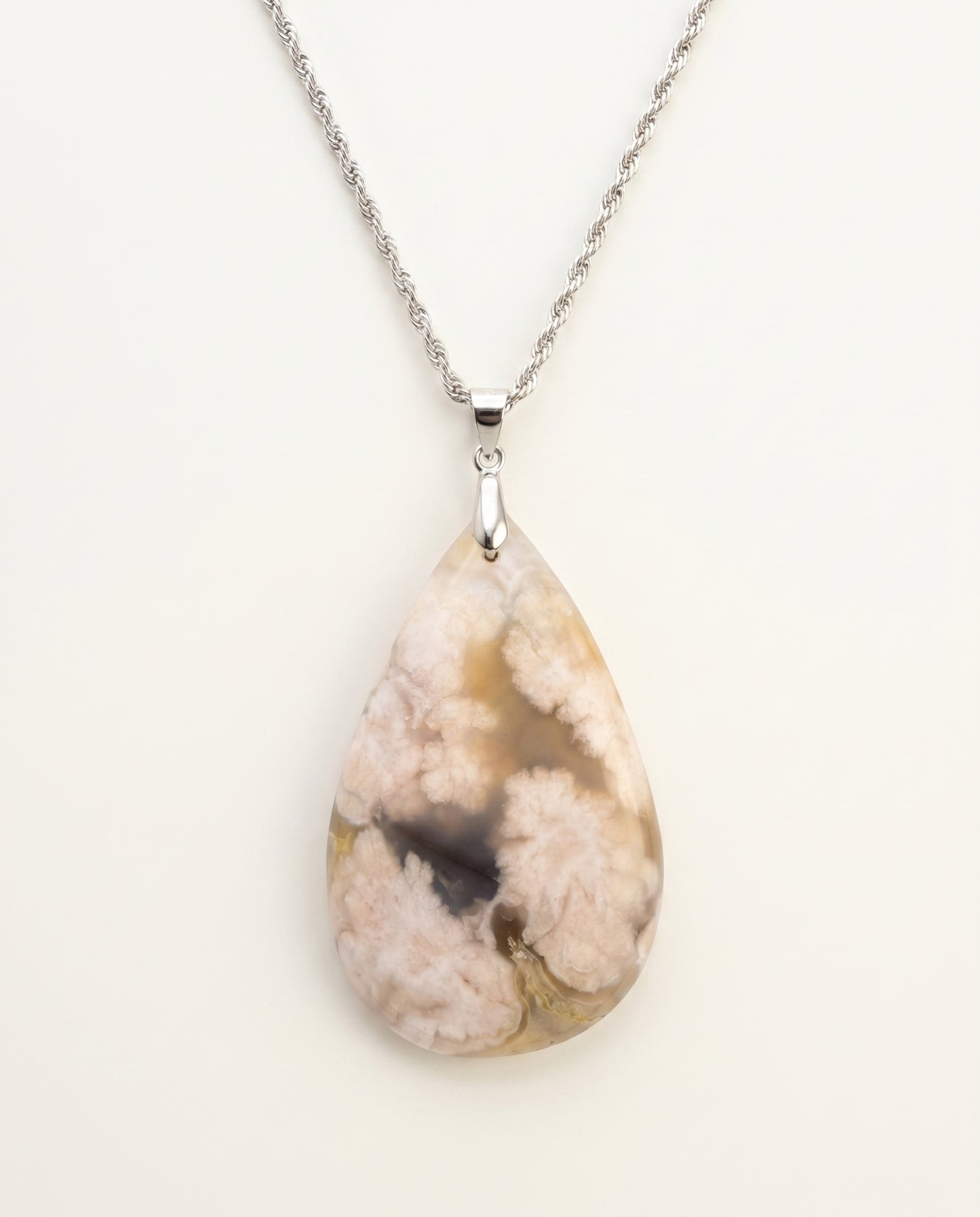 Magnolia Silver Pendant Necklace in Flower Agate - Statement (L) Water Drop