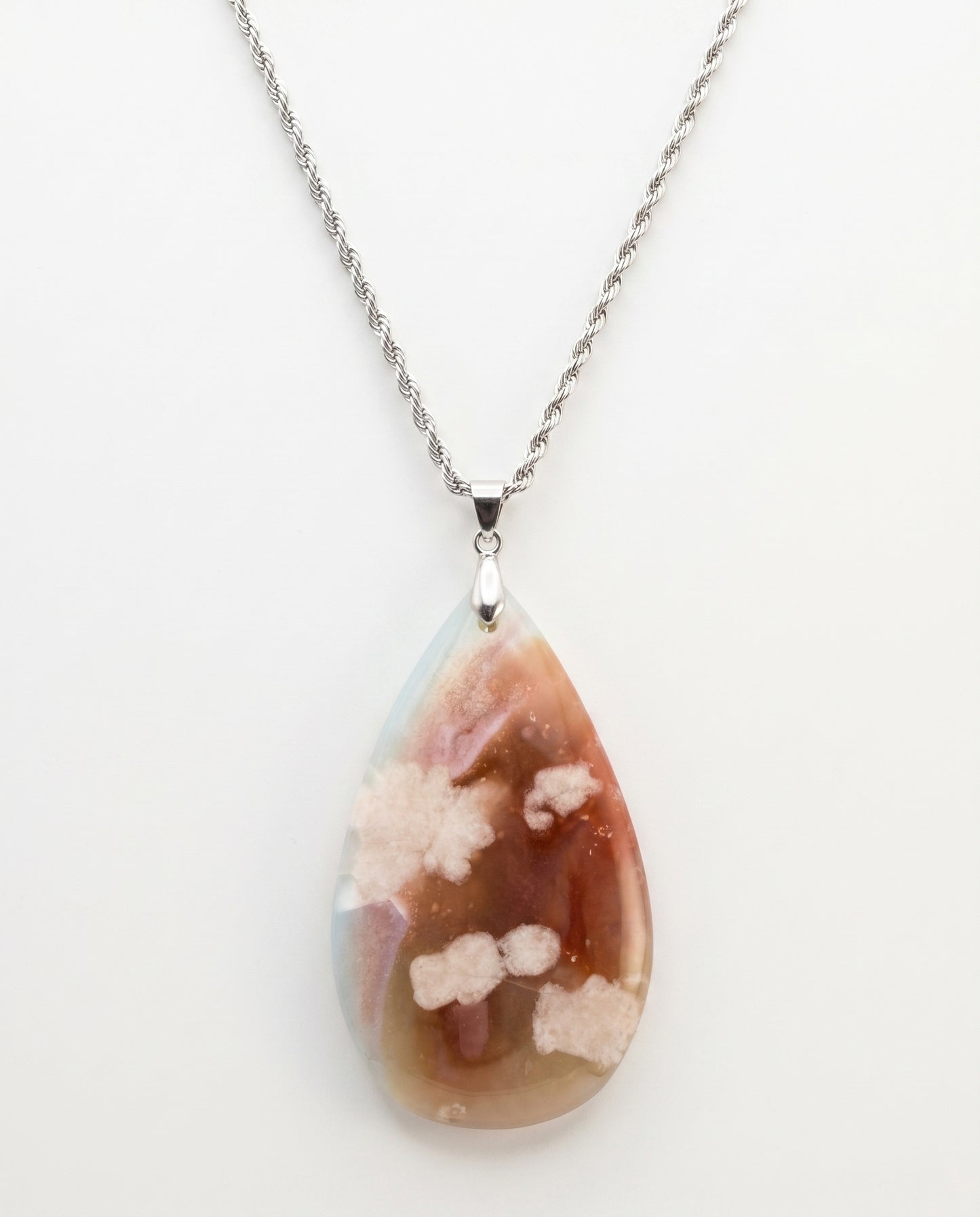 Magnolia Silver Pendant Necklace in Flower Agate - Statement (L) Water Drop