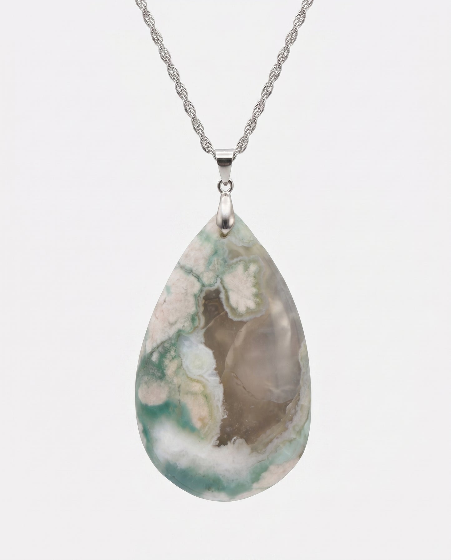 Magnolia Silver Pendant Necklace in Flower Agate - Statement (L) Water Drop
