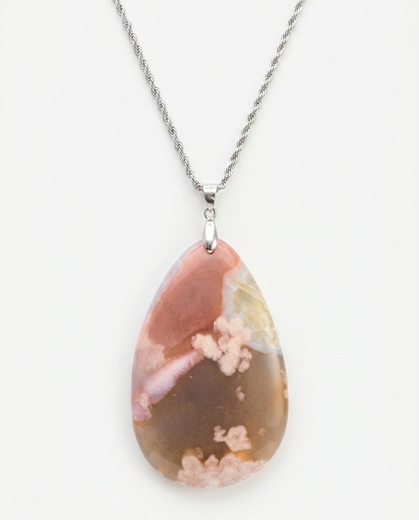 Magnolia Silver Pendant Necklace in Flower Agate - Statement (L) Water Drop
